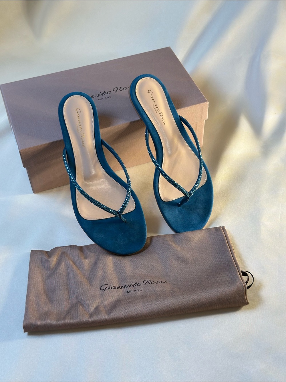 Gianvito Rossi Teal Suede Crystal-Embellished Thong Mules Size 39.5 NWT - Picture 1 of 7